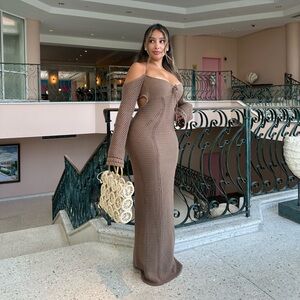 Off-Shoulder Brown Crochet Maxi Dress